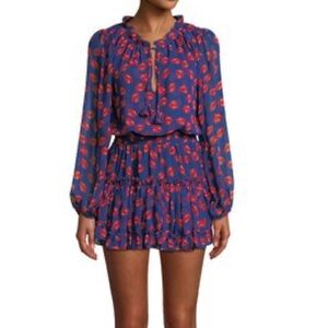 MISA Los Angeles Leaf Patterned Long Sleeve Smocked Mini Dress